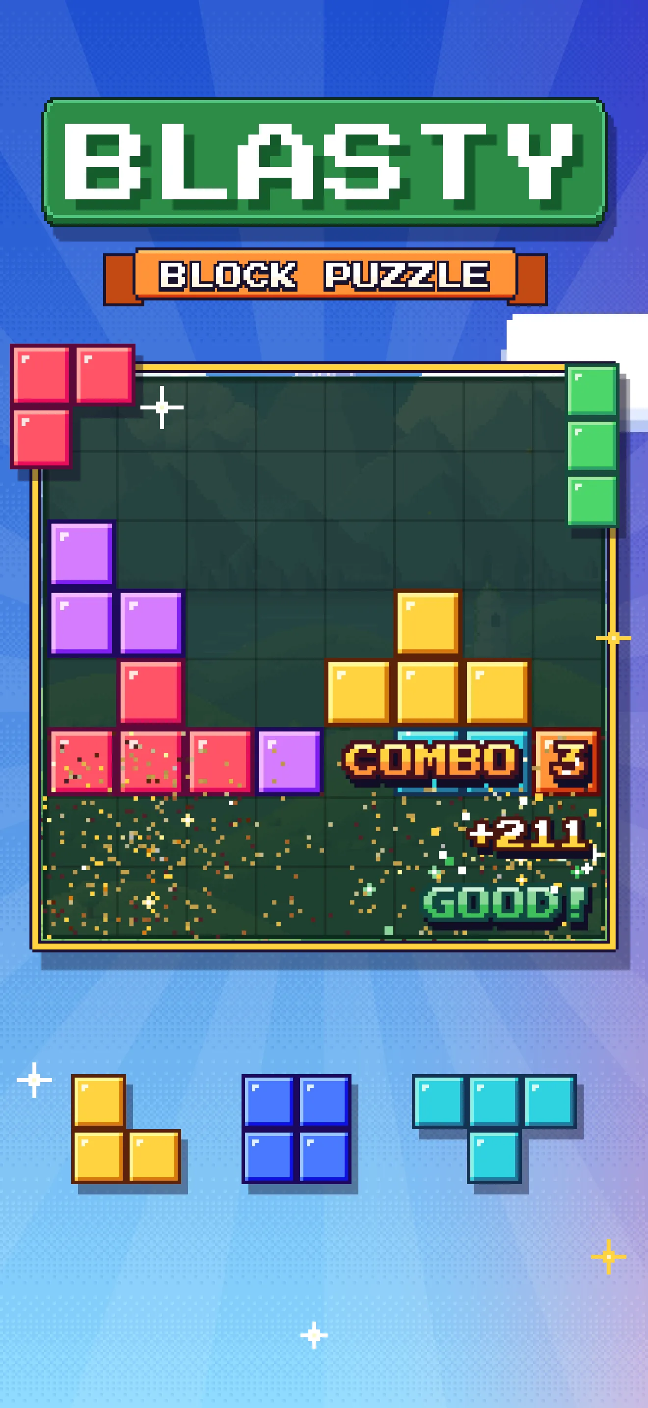 The Blasty logo above a board with a combo of 3 and the praise "Good!"