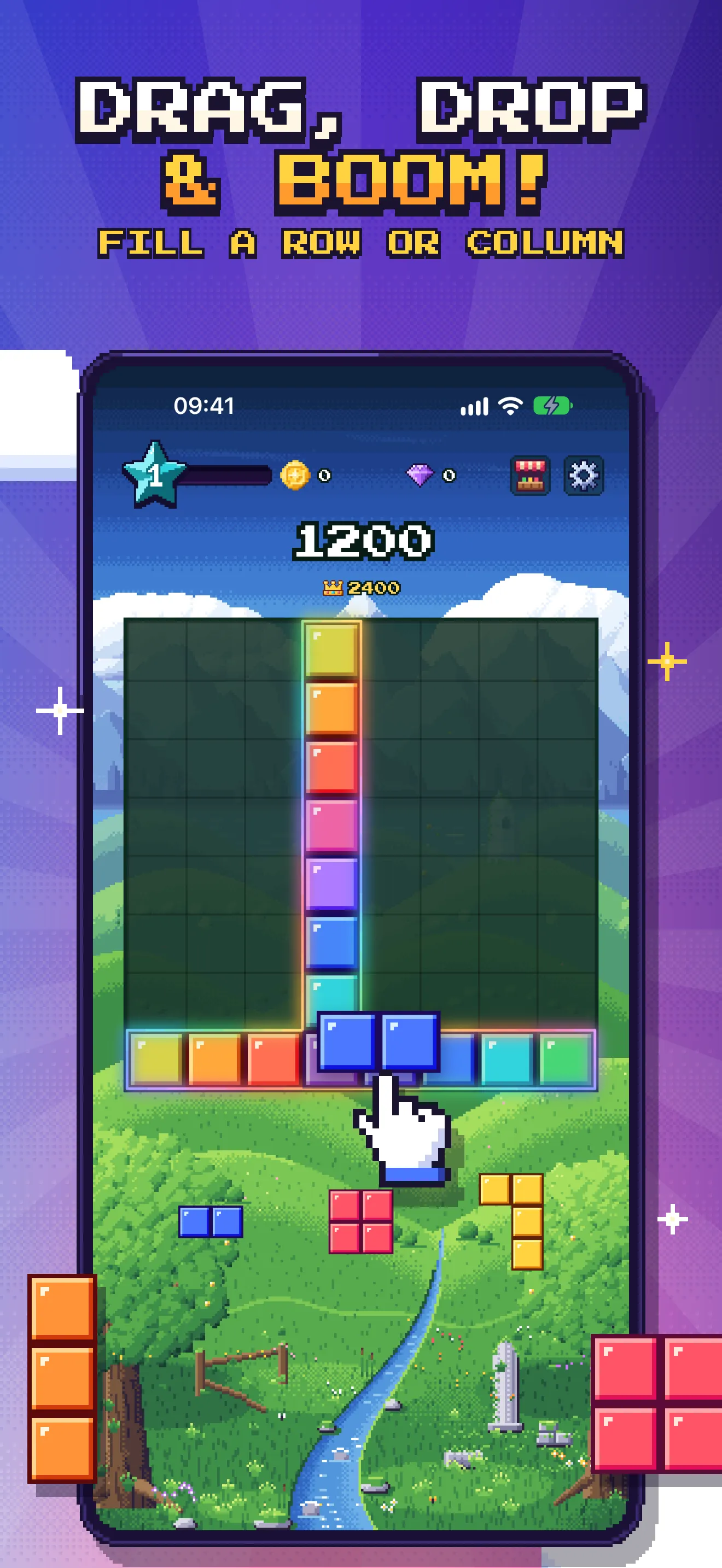 Drag, drop and boom: a piece is dragged onto the board to fill a row and a column