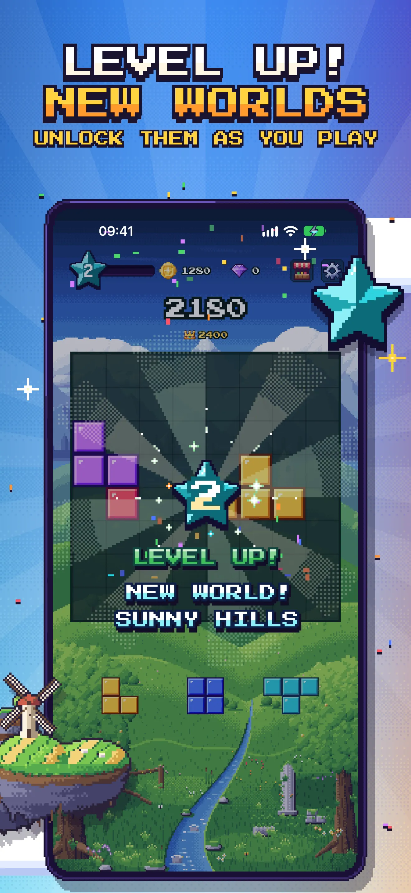 Level up and unlock new worlds as you play