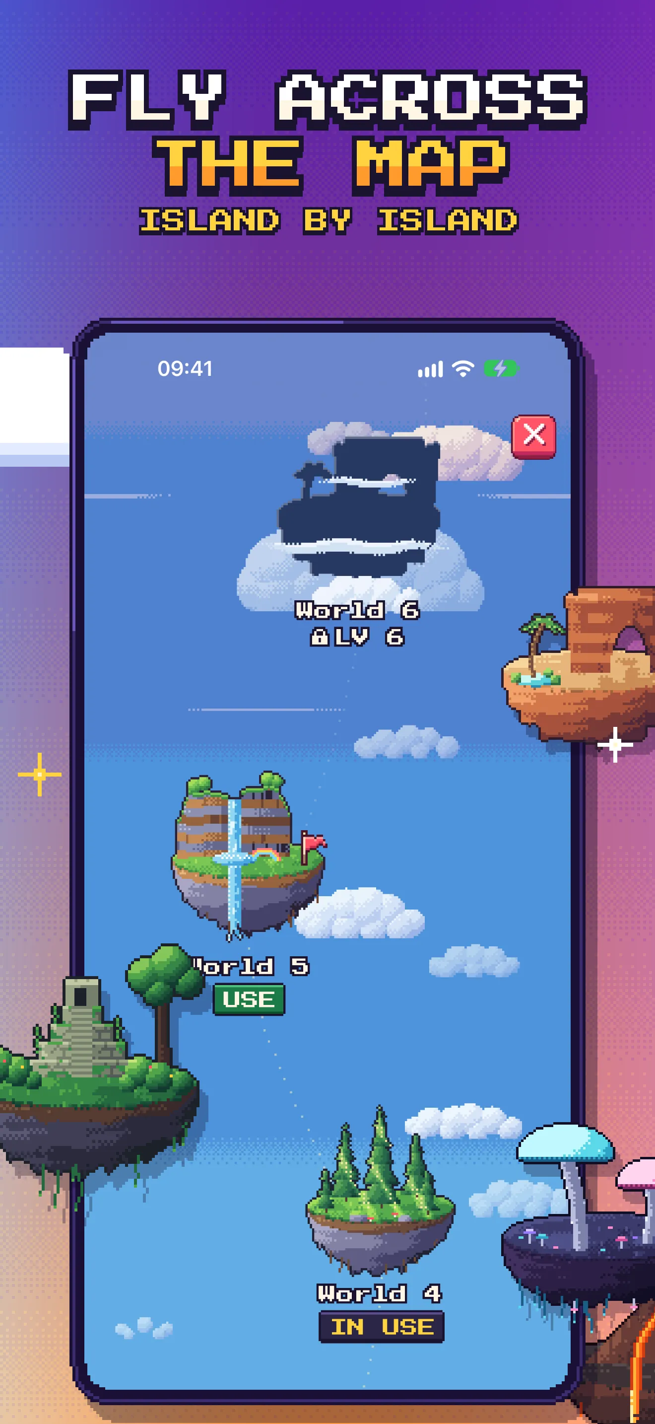 Fly across the map, island by island