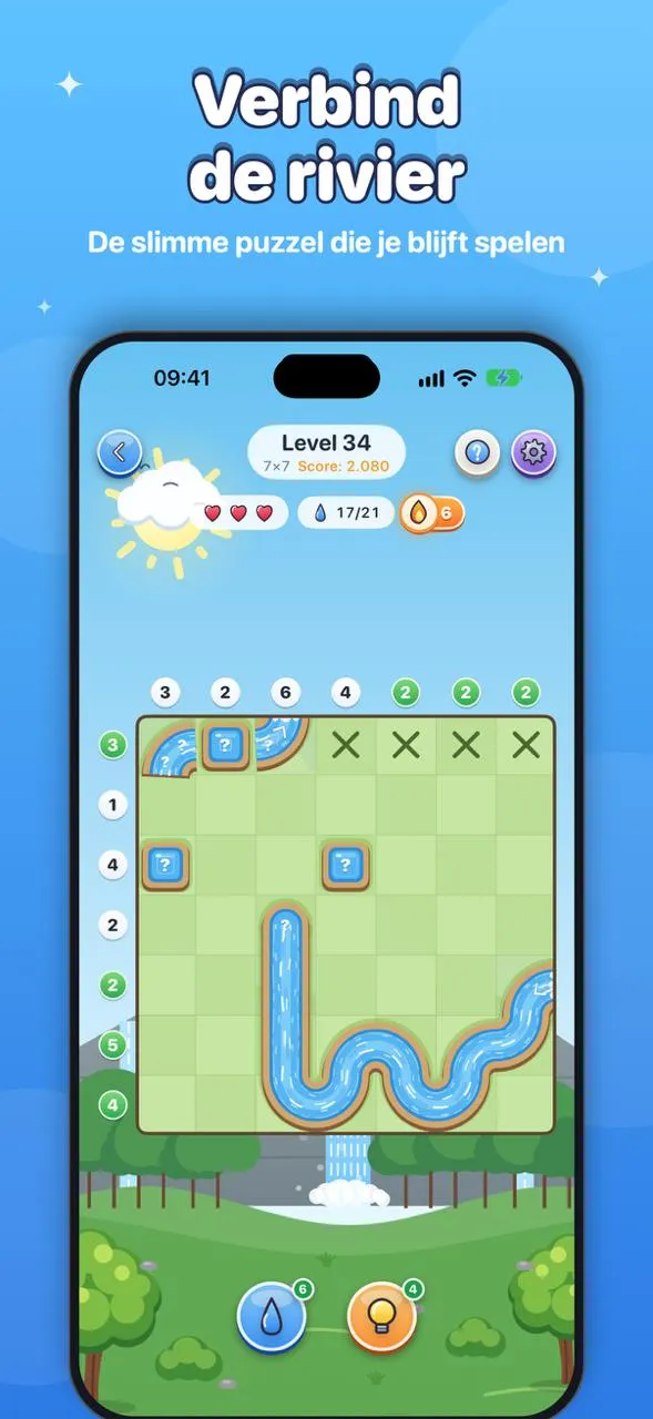 Connect the river: a 7 × 7 puzzle with the water count for every row and column